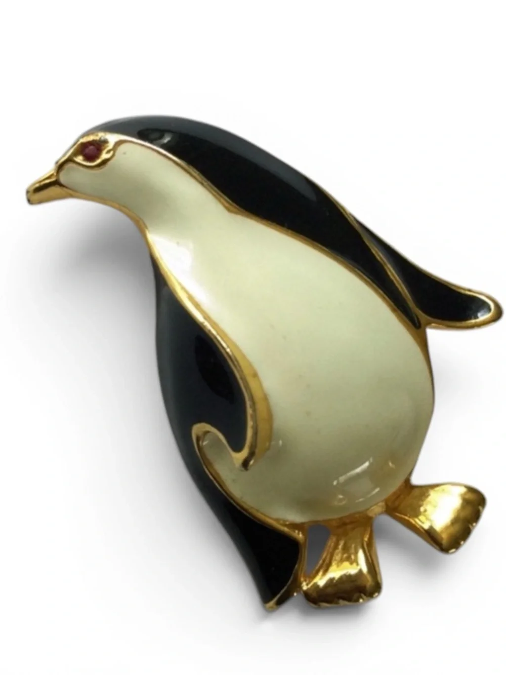 Vintage 1970s Gold-Tone & Enamel Penguin Brooch, Black & Ivory - Picture 6 of 10